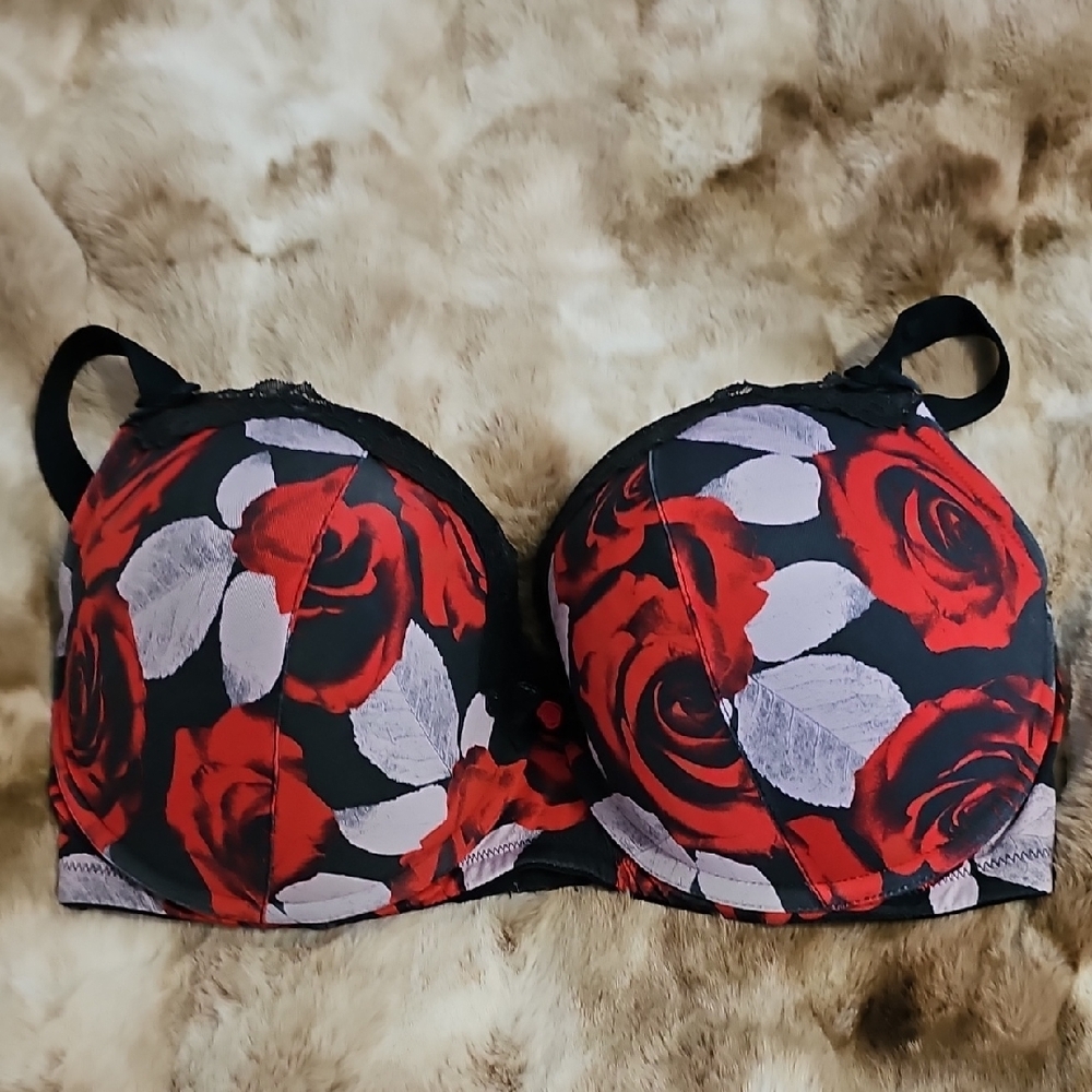 Floral Black and Red Bra